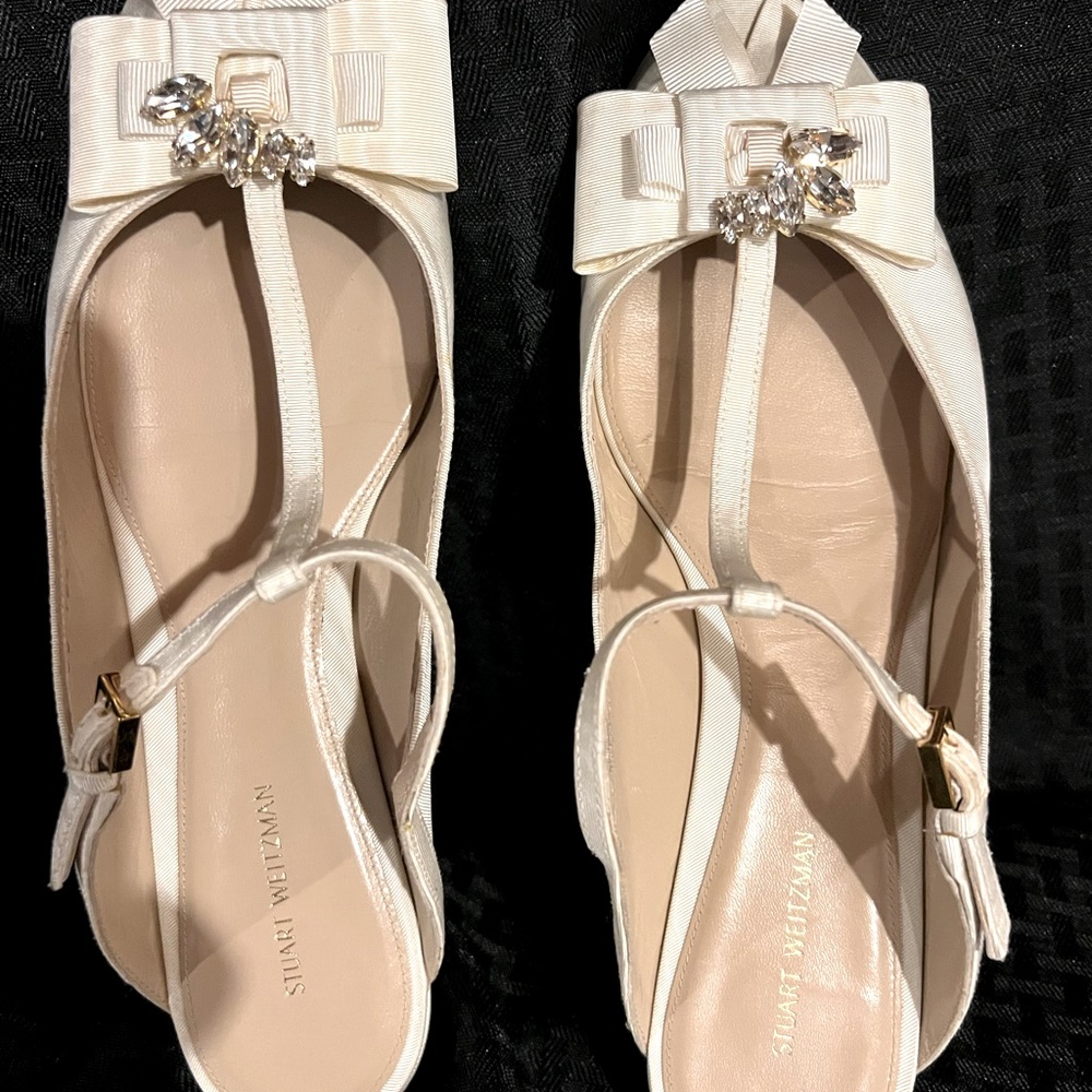 Stuart Weitzman Fabric Cream With Rhinestone Mule… - image 1